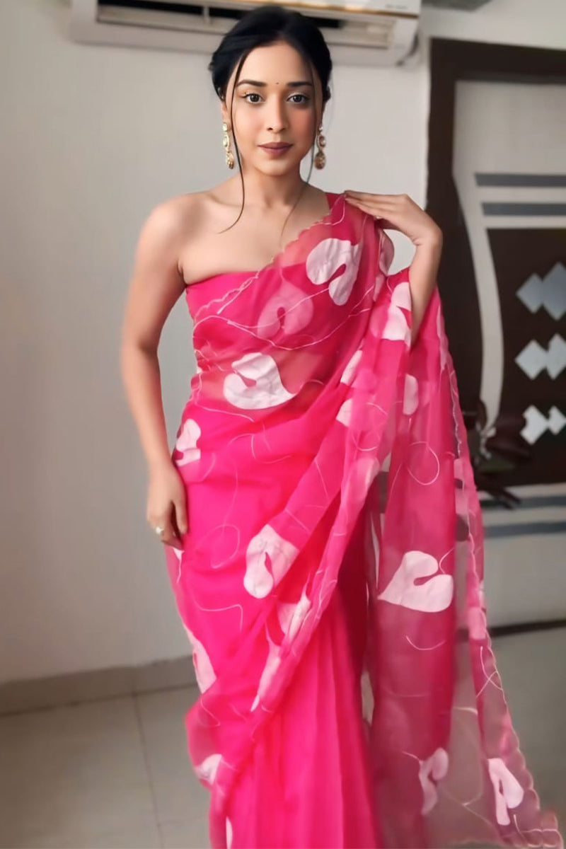 Most Scrupulous 1-Minute Ready To Wear Dark Pink Organza Silk Saree