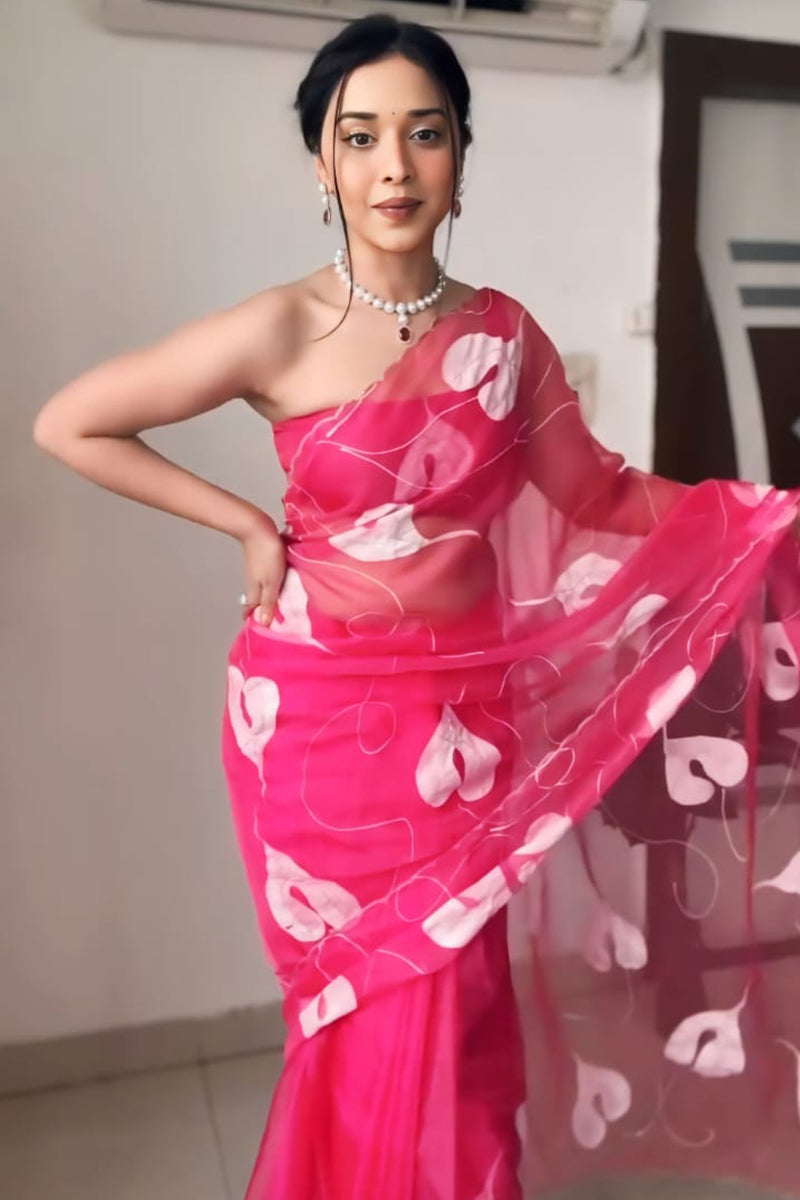 Most Scrupulous 1-Minute Ready To Wear Dark Pink Organza Silk Saree