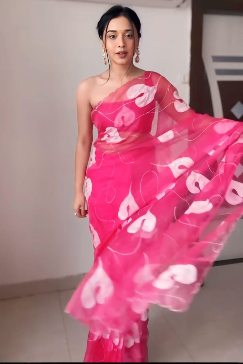 Most Scrupulous 1-Minute Ready To Wear Dark Pink Organza Silk Saree