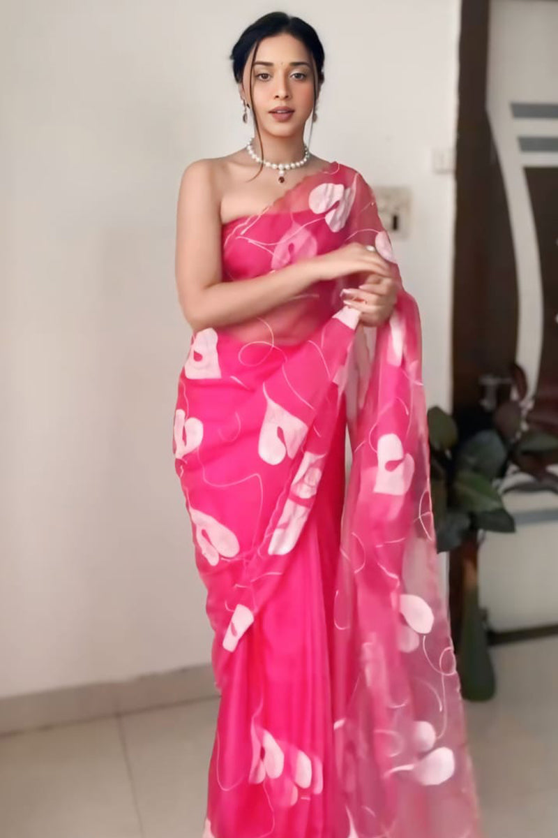 Most Scrupulous 1-Minute Ready To Wear Dark Pink Organza Silk Saree