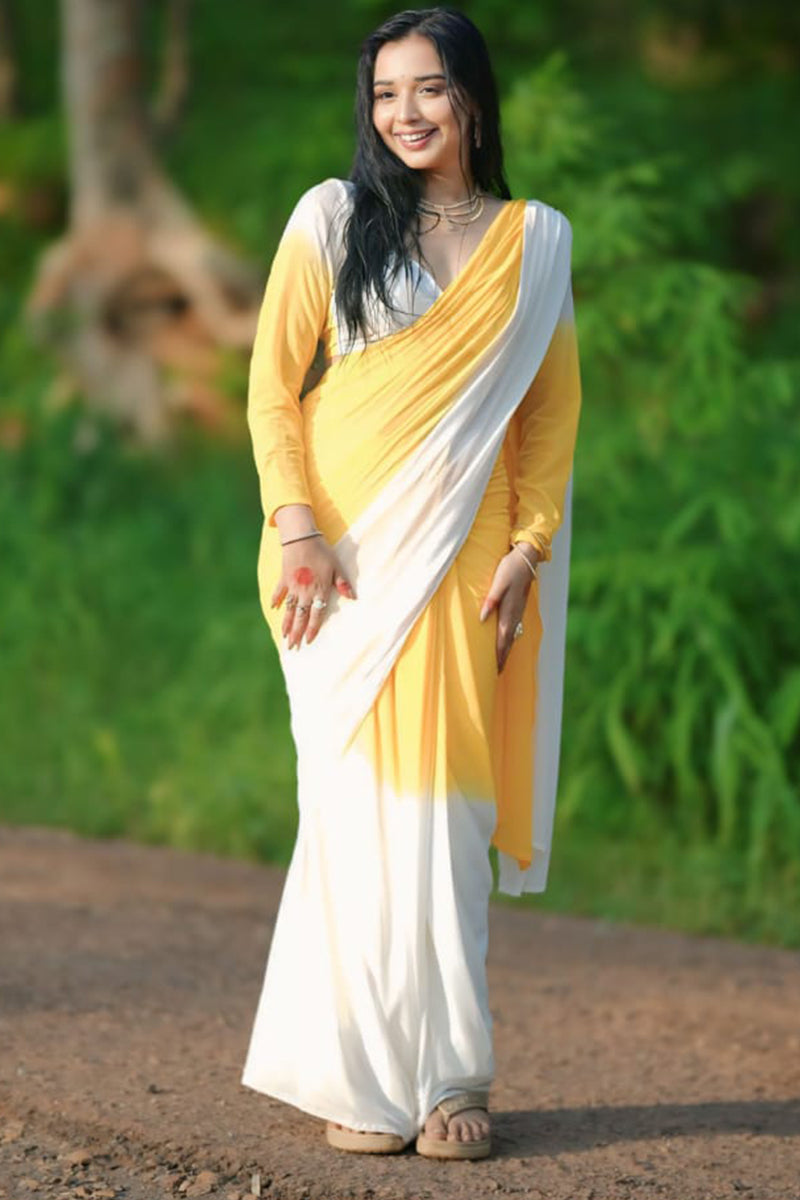 Extraordinary 1-Minute Ready To Wear Yellow & White Georgette Saree