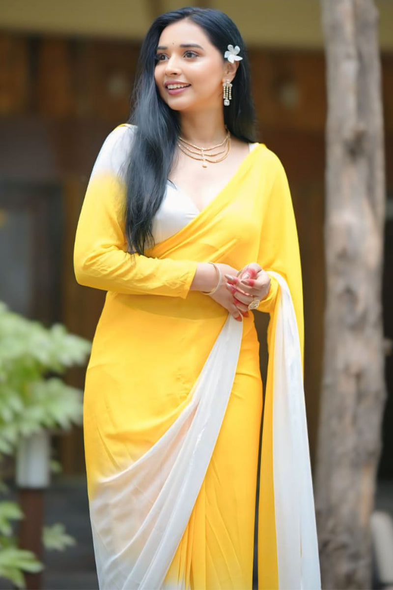 Extraordinary 1-Minute Ready To Wear Yellow & White Georgette Saree