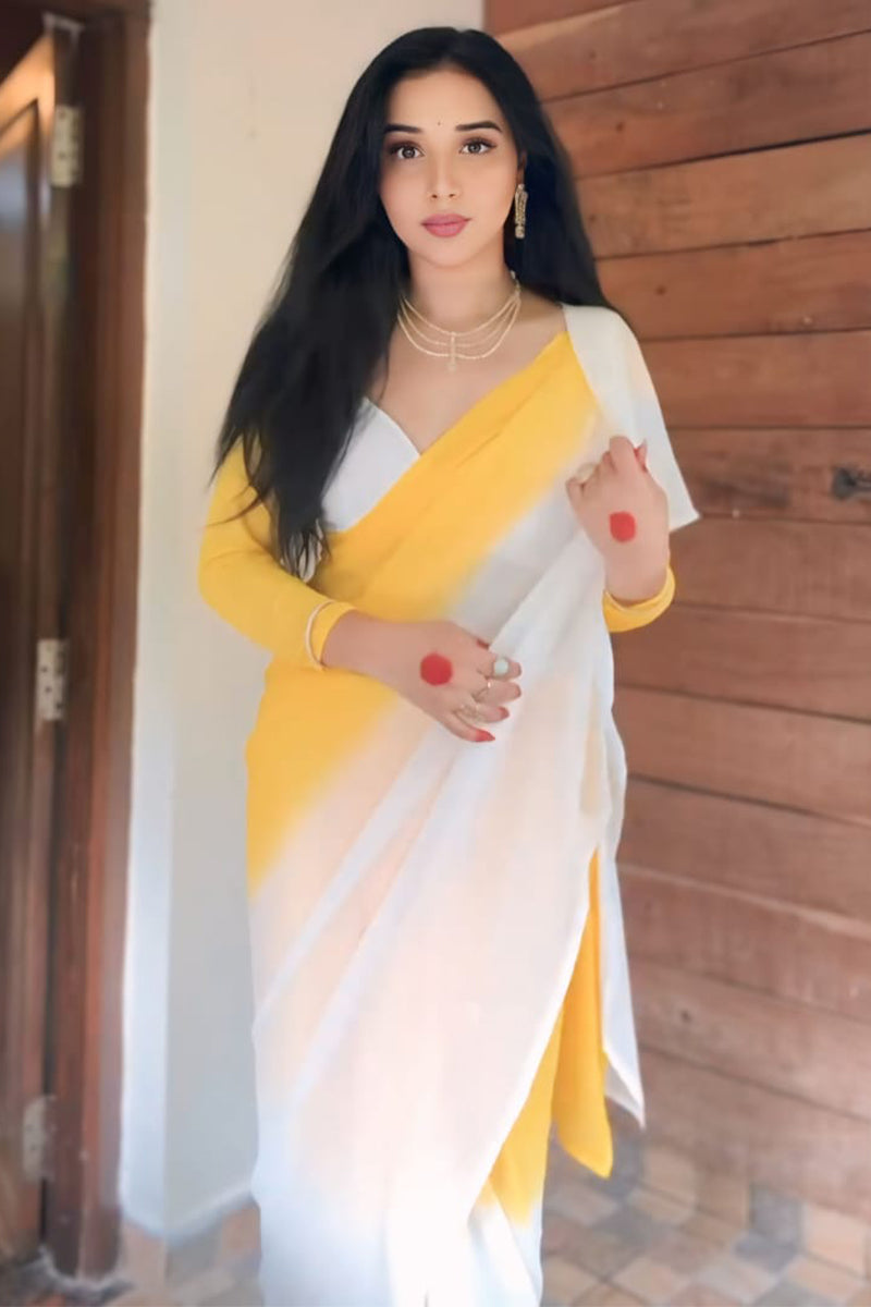 Extraordinary 1-Minute Ready To Wear Yellow & White Georgette Saree