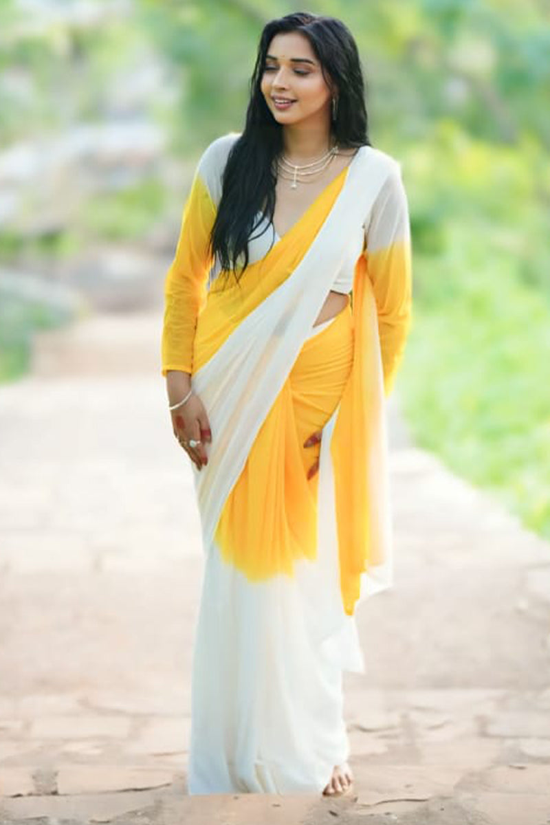 Extraordinary 1-Minute Ready To Wear Yellow & White Georgette Saree