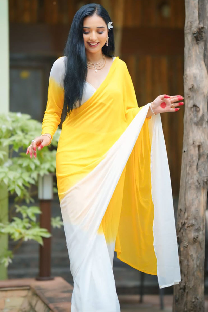 Extraordinary 1-Minute Ready To Wear Yellow & White Georgette Saree