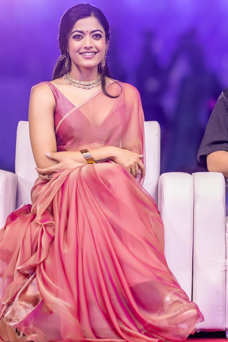 Lustrous Pink Fancy Silk Saree With Stitched Blouse Piece