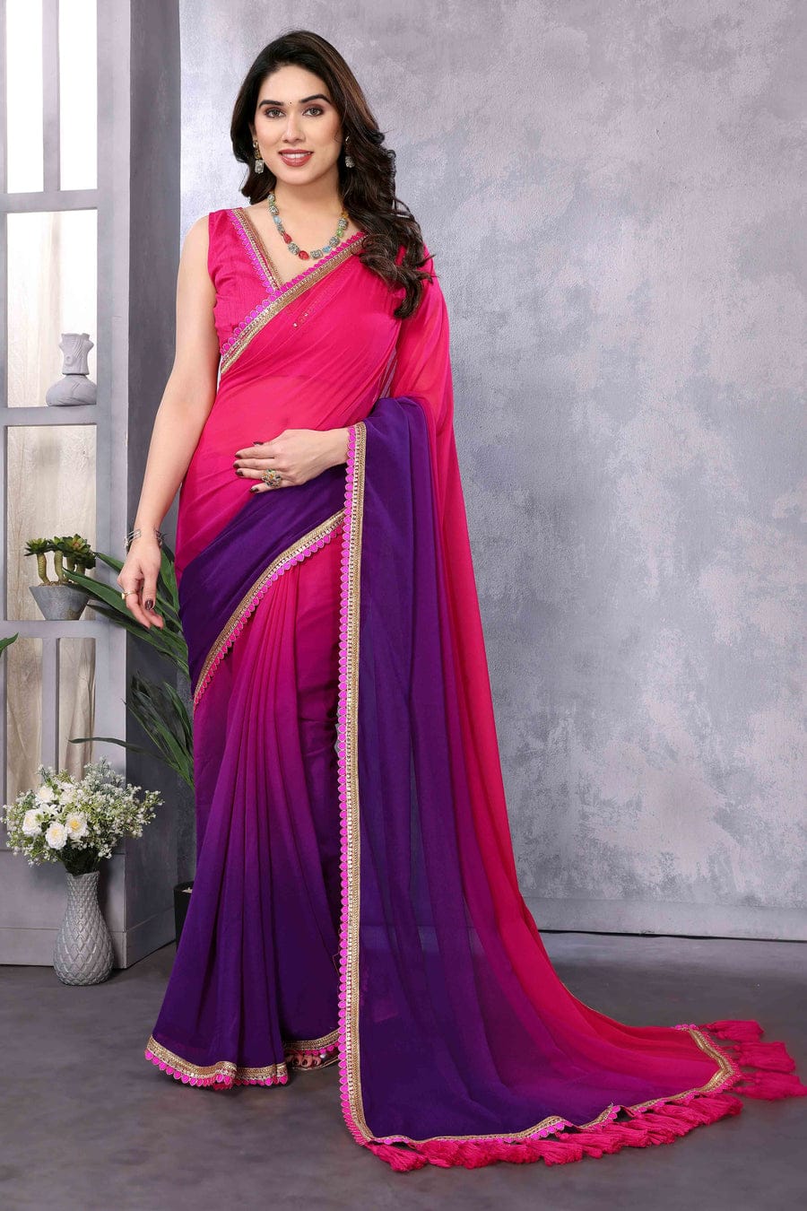 Confounding 1-Minute Ready To Wear Dark Pink and Purple Georgette Saree