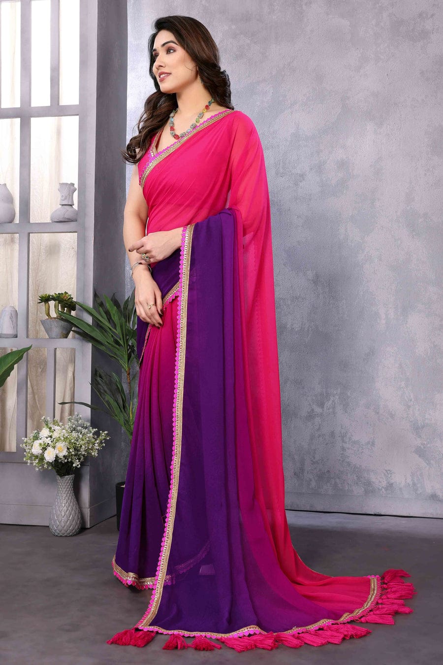 Confounding 1-Minute Ready To Wear Dark Pink and Purple Georgette Saree