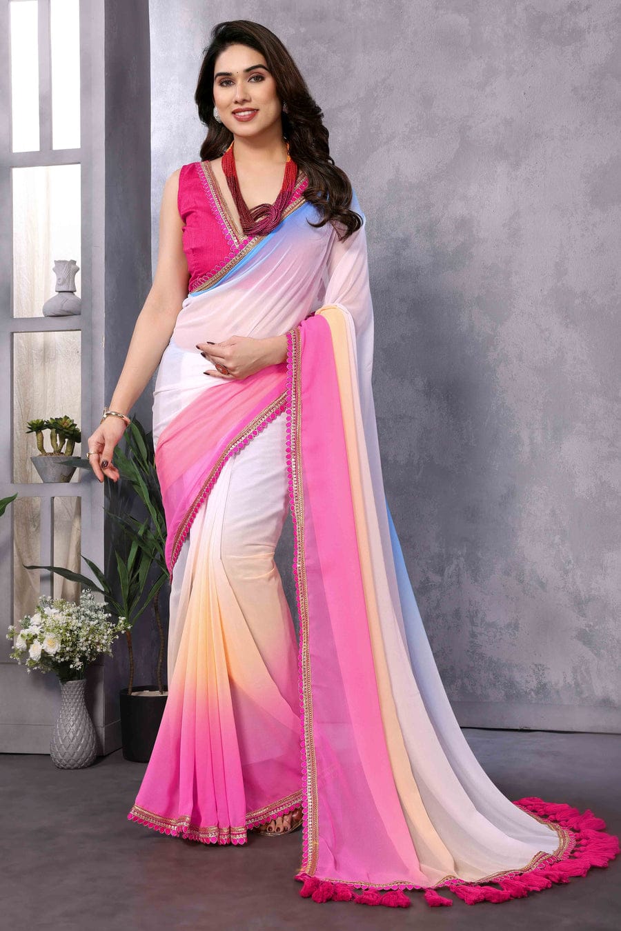 Demanding 1-Minute Ready To Wear Pink and Sky Georgette Saree