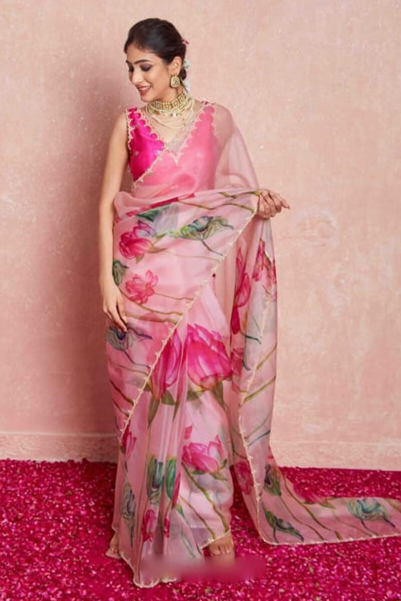 Phenomenal 1-Minute Ready To Wear Baby Pink Organza Silk Saree