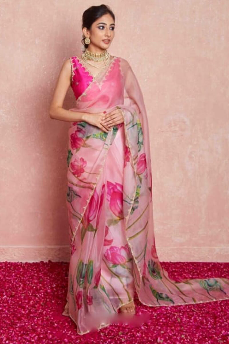 Phenomenal 1-Minute Ready To Wear Baby Pink Organza Silk Saree