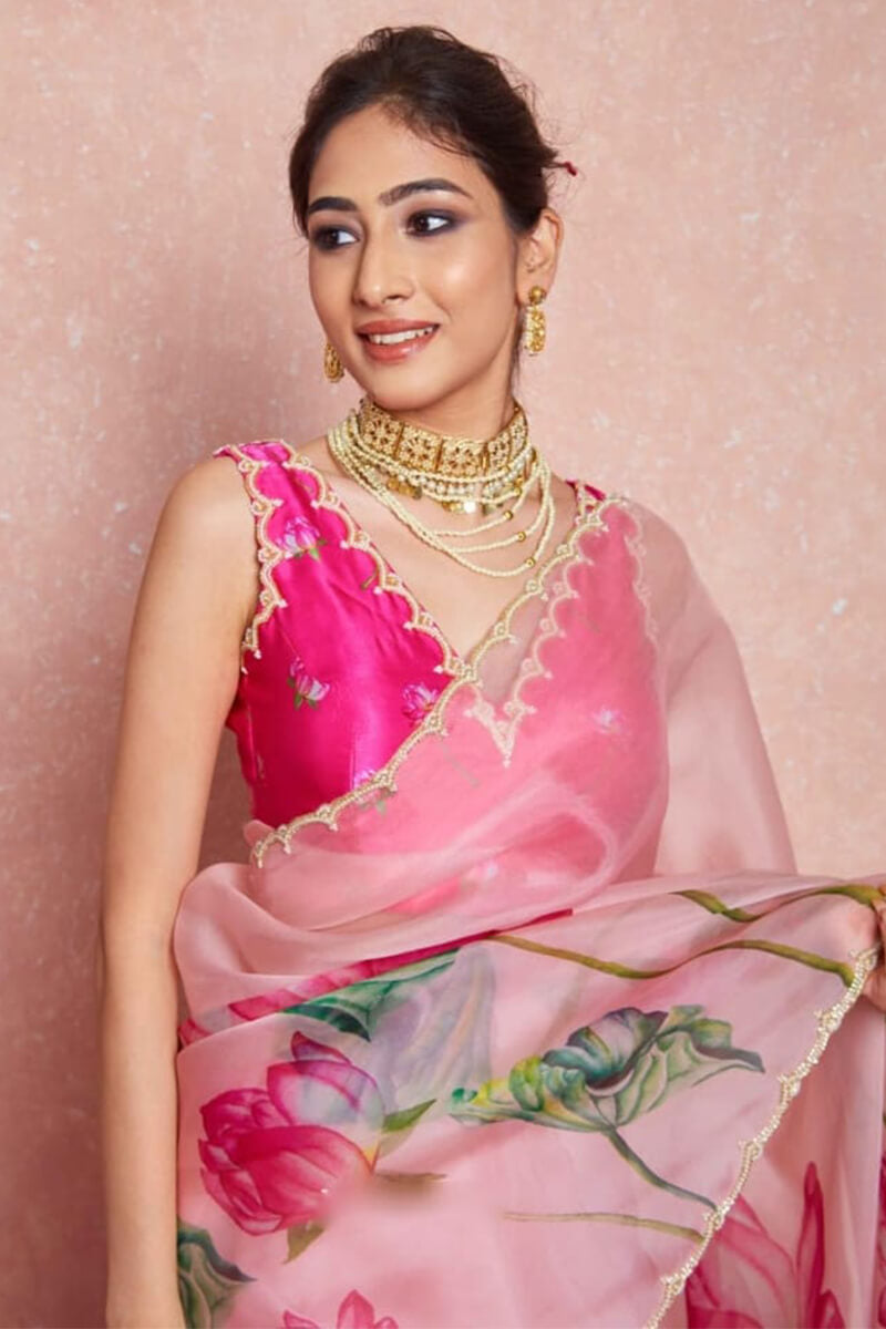 Phenomenal 1-Minute Ready To Wear Baby Pink Organza Silk Saree