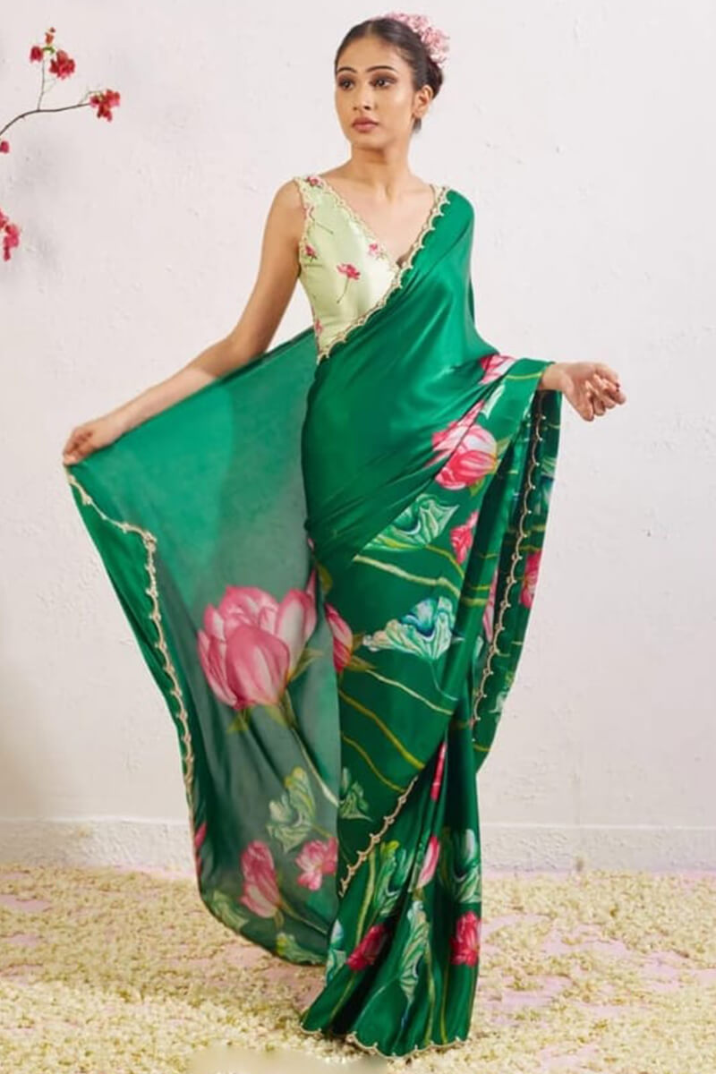 Petrichor 1-Minute Ready To Wear Dark Green Satin Silk Saree