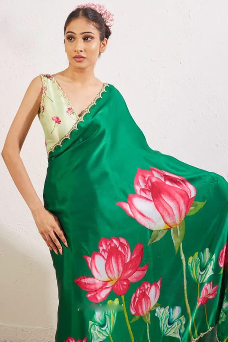 Petrichor 1-Minute Ready To Wear Dark Green Satin Silk Saree