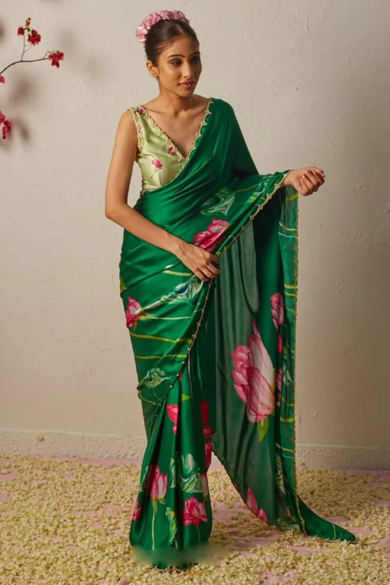 Petrichor 1-Minute Ready To Wear Dark Green Satin Silk Saree