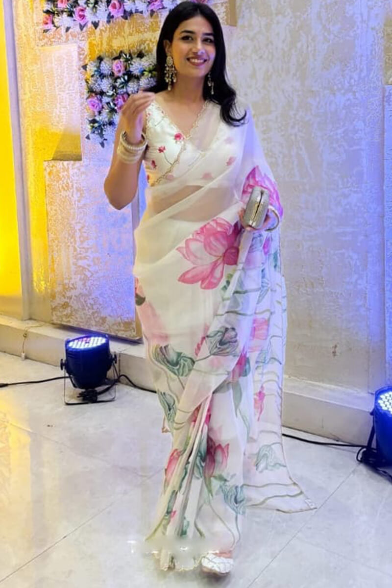 Devastating 1-Minute Ready To Wear Off White Organza Silk Saree