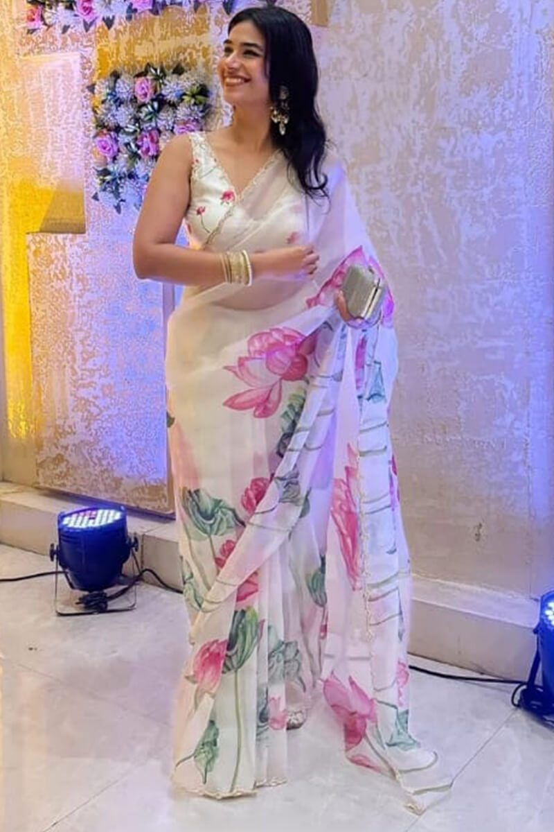 Devastating 1-Minute Ready To Wear Off White Organza Silk Saree