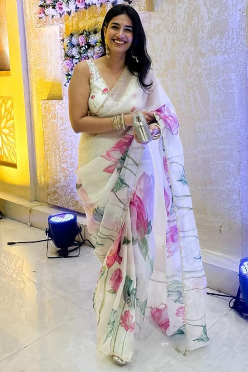 Devastating 1-Minute Ready To Wear Off White Organza Silk Saree