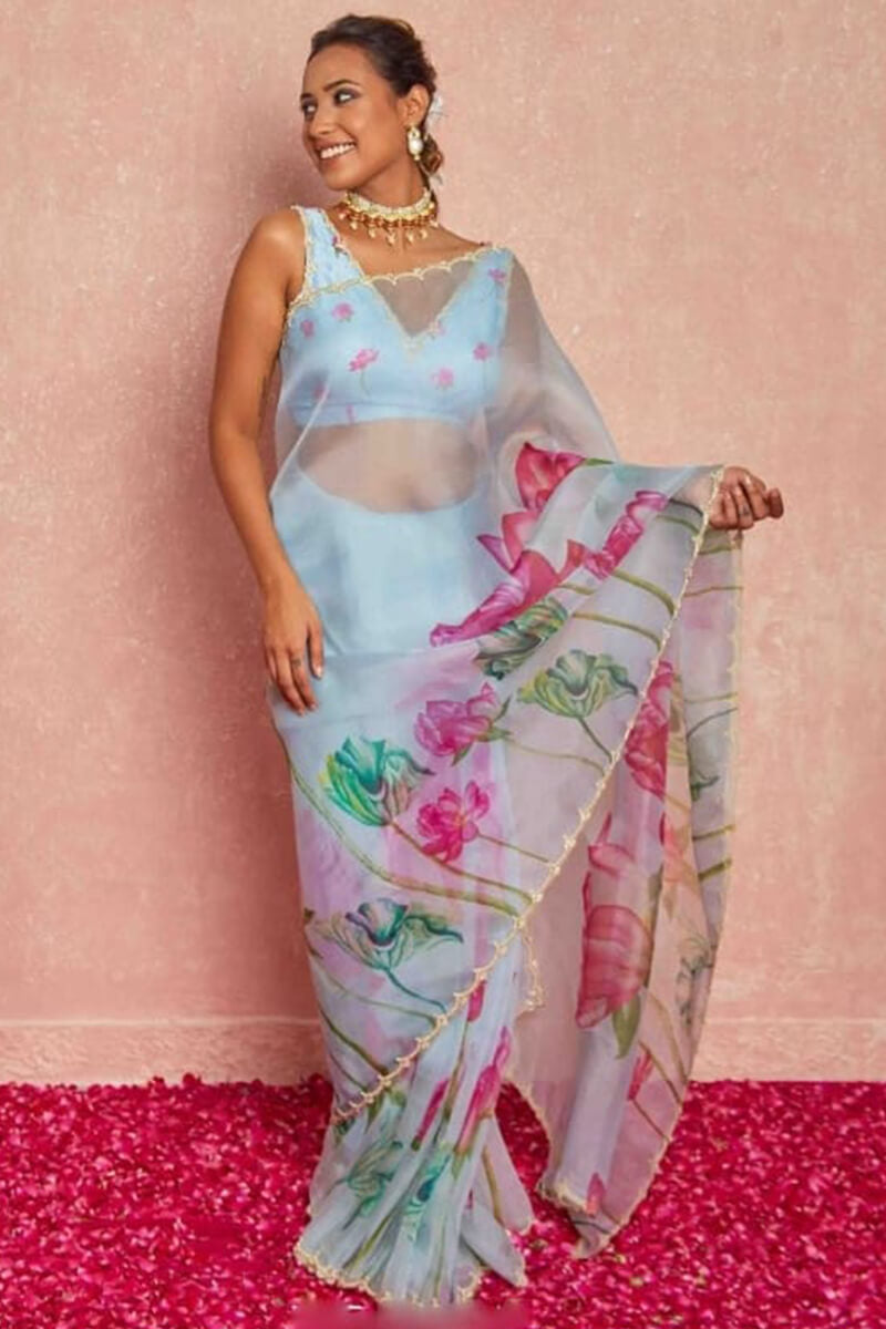 Demure 1-Minute Ready To Wear Sky Organza Silk Saree