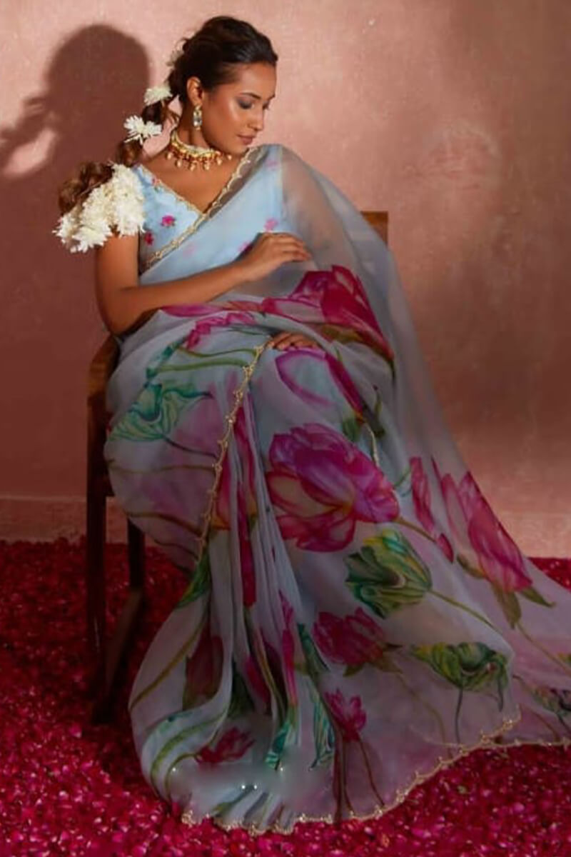 Demure 1-Minute Ready To Wear Sky Organza Silk Saree