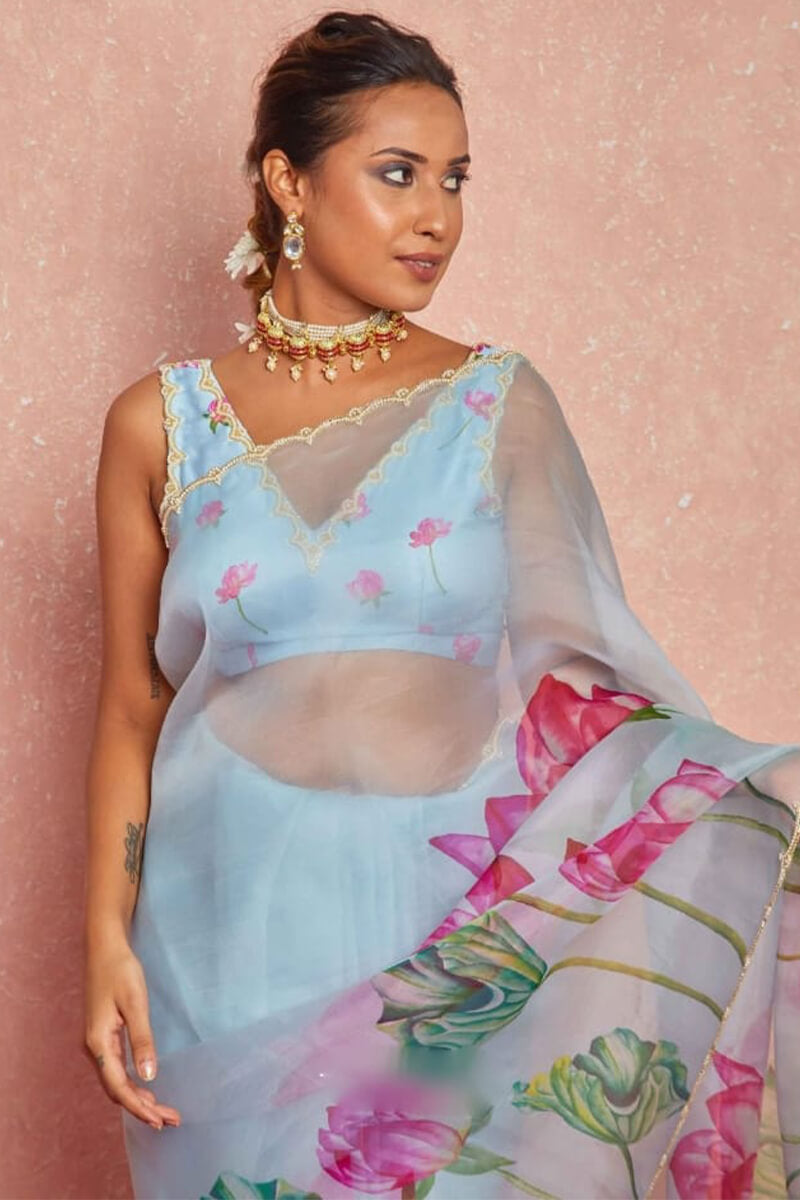 Demure 1-Minute Ready To Wear Sky Organza Silk Saree
