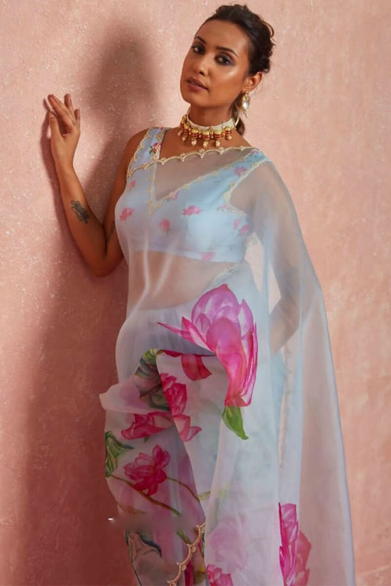 Demure 1-Minute Ready To Wear Sky Organza Silk Saree