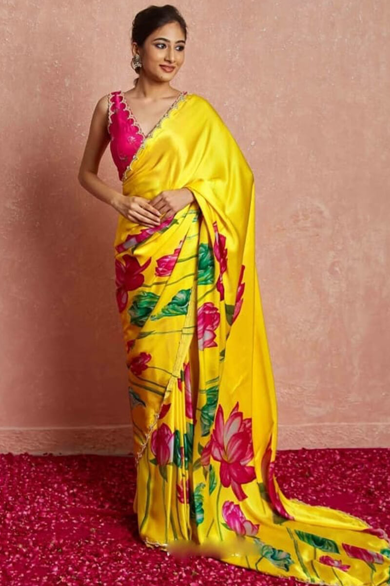 Ravishing 1-Minute Ready To Wear Yellow Satin Silk Saree