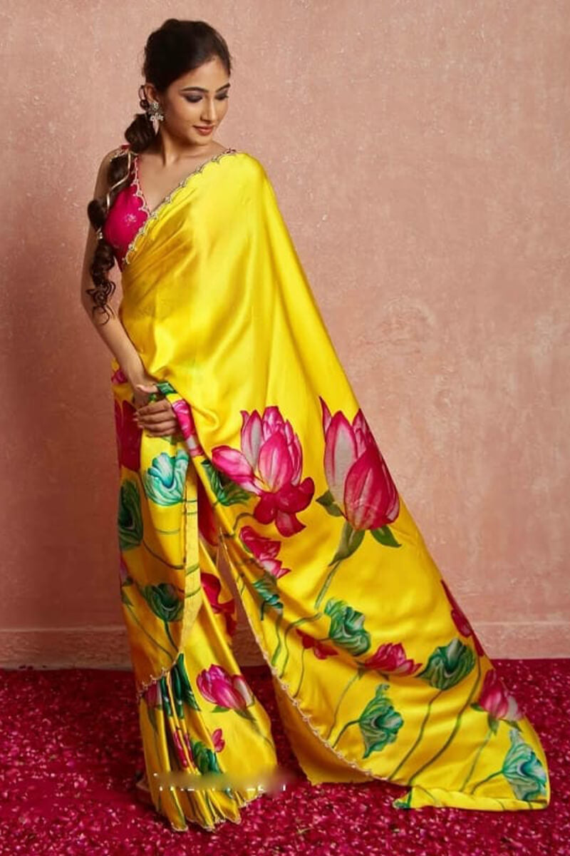 Ravishing 1-Minute Ready To Wear Yellow Satin Silk Saree