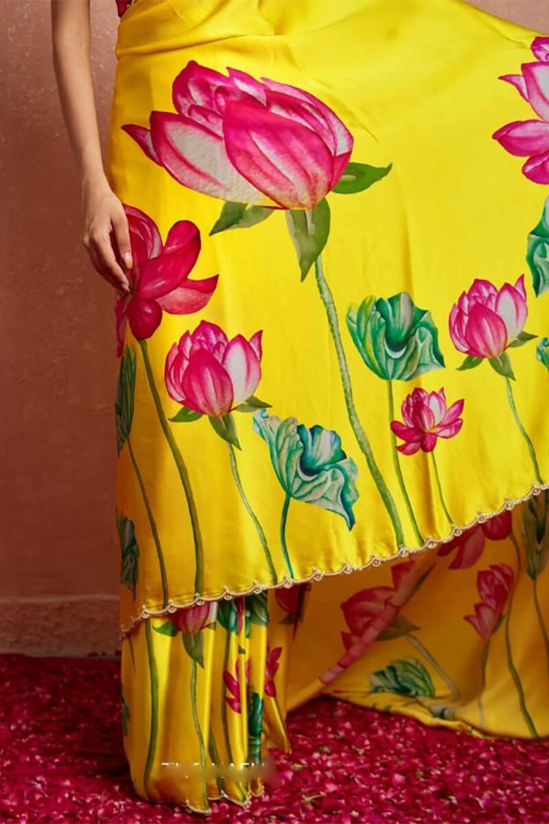 Ravishing 1-Minute Ready To Wear Yellow Satin Silk Saree