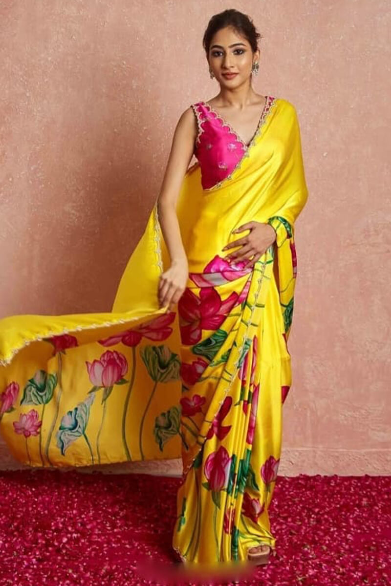 Ravishing 1-Minute Ready To Wear Yellow Satin Silk Saree