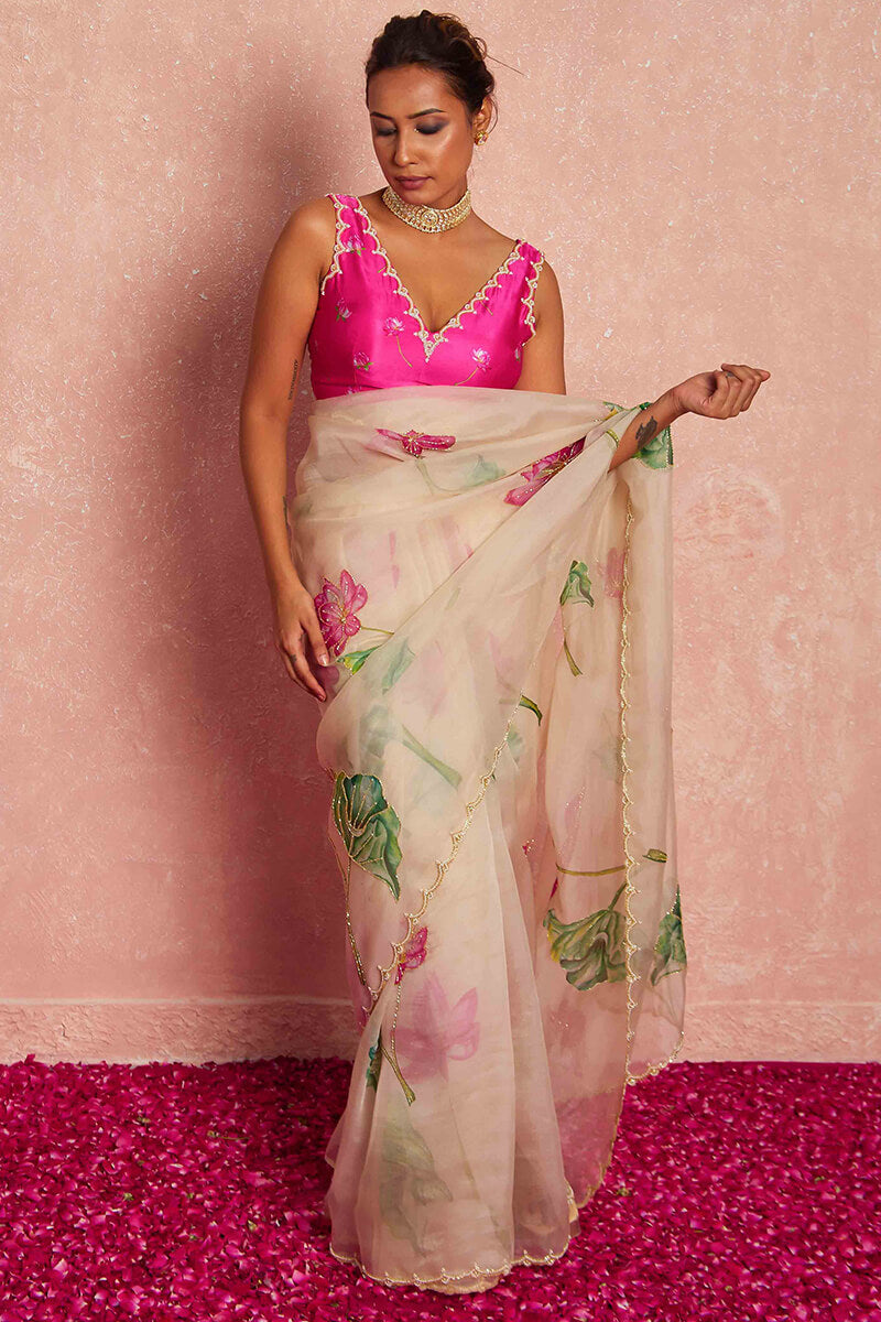 Smart 1-Minute Ready To Wear Beige Organza Silk Saree