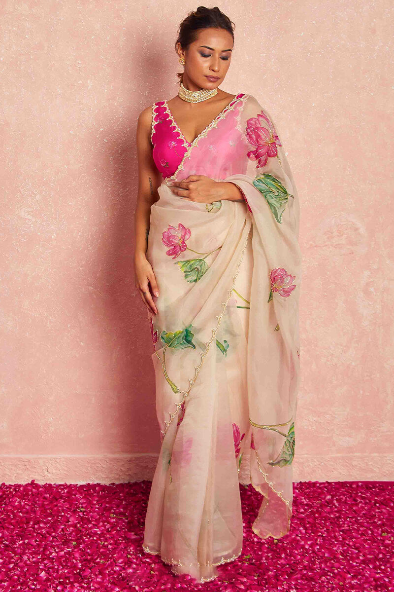 Smart 1-Minute Ready To Wear Beige Organza Silk Saree