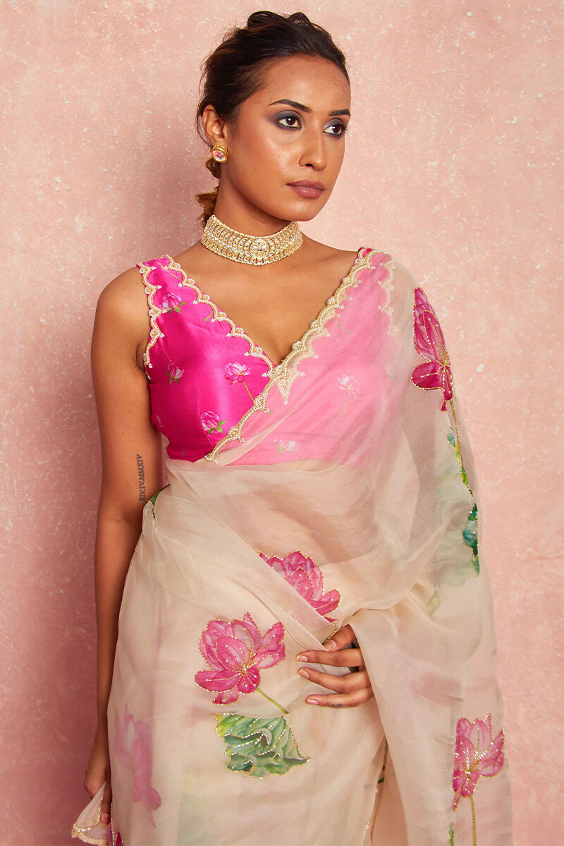 Smart 1-Minute Ready To Wear Beige Organza Silk Saree