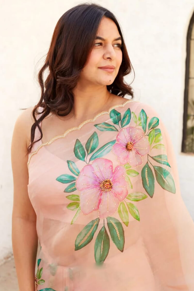 Embrocation 1-Minute Ready To Wear Peach Organza Silk Saree