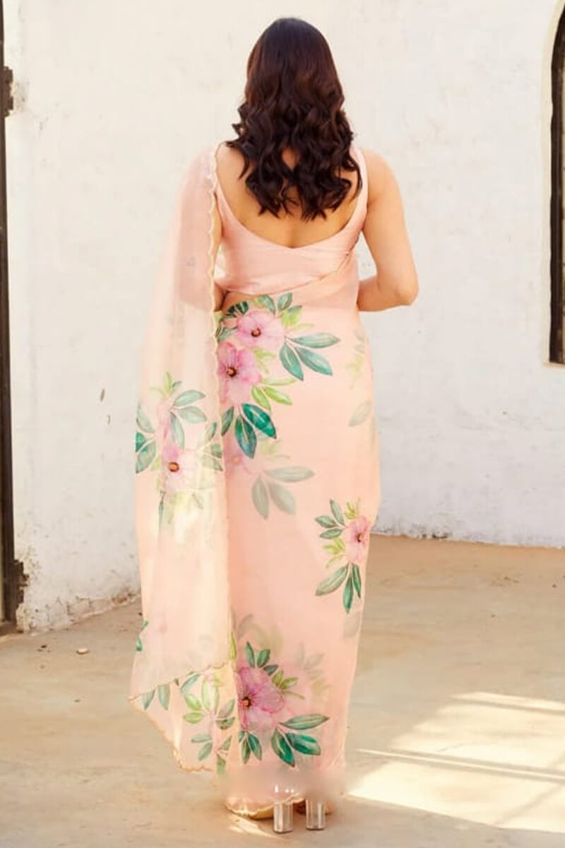 Embrocation 1-Minute Ready To Wear Peach Organza Silk Saree