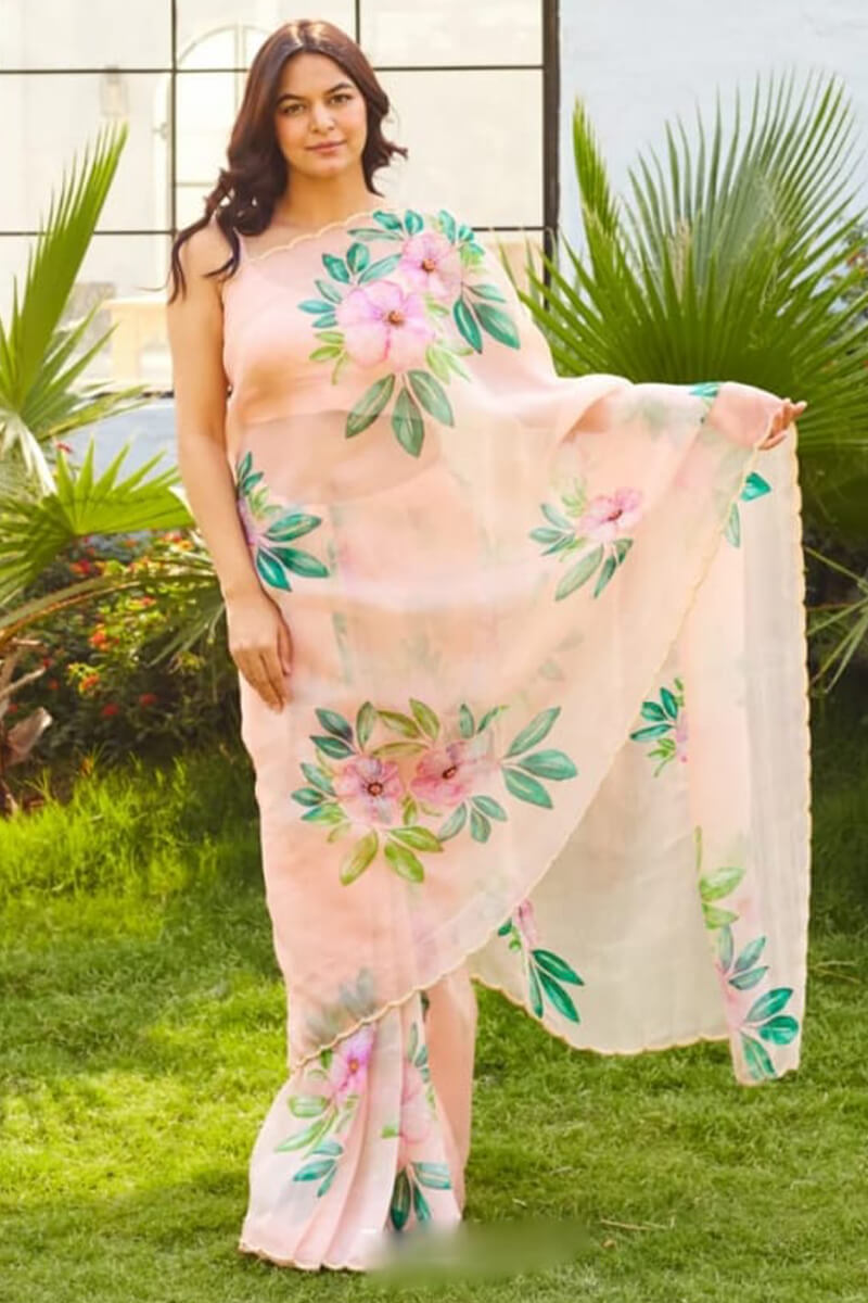 Embrocation 1-Minute Ready To Wear Peach Organza Silk Saree