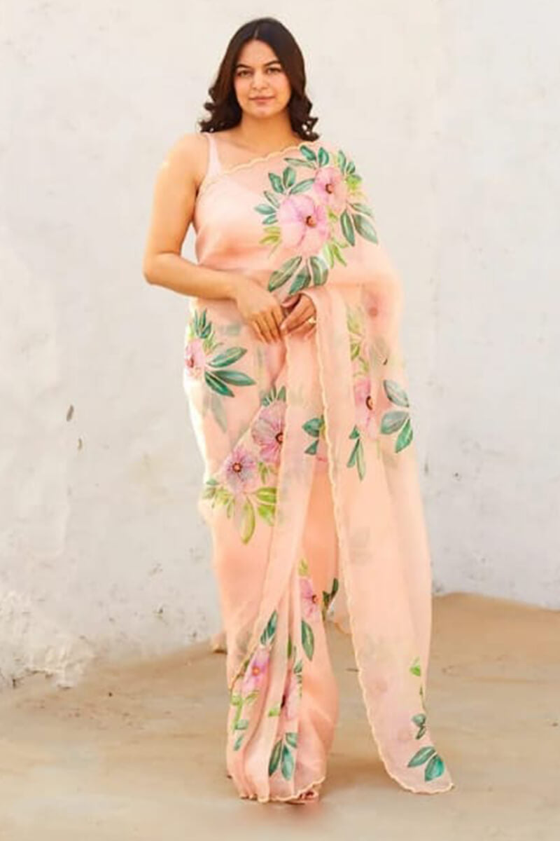 Embrocation 1-Minute Ready To Wear Peach Organza Silk Saree