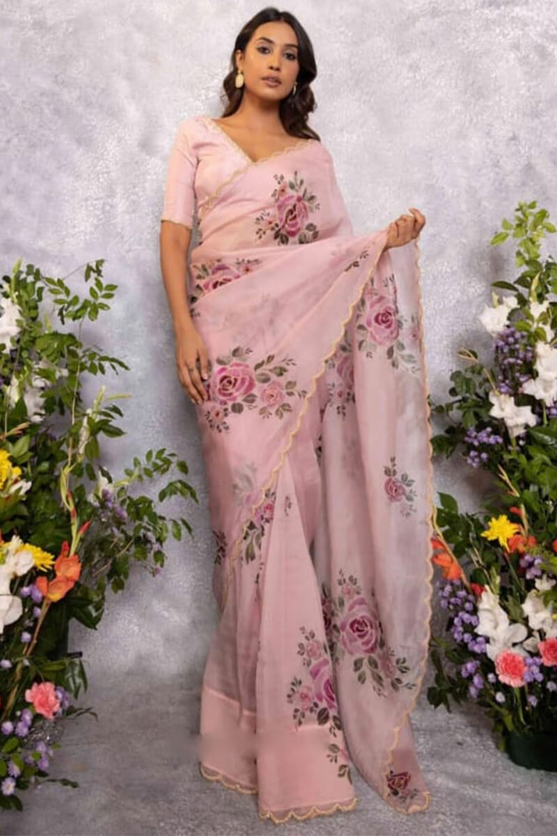 Moiety 1-Minute Ready To Wear Baby Pink Organza Silk Saree