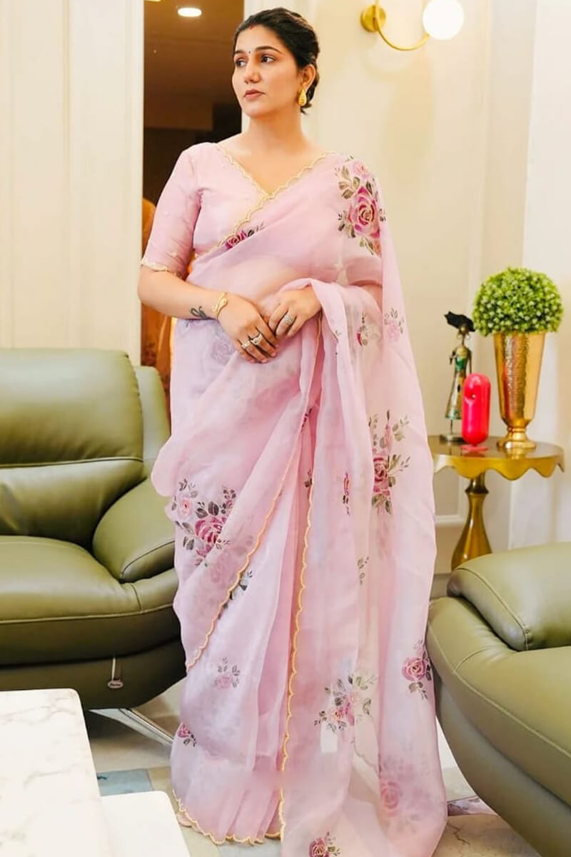 Moiety 1-Minute Ready To Wear Baby Pink Organza Silk Saree