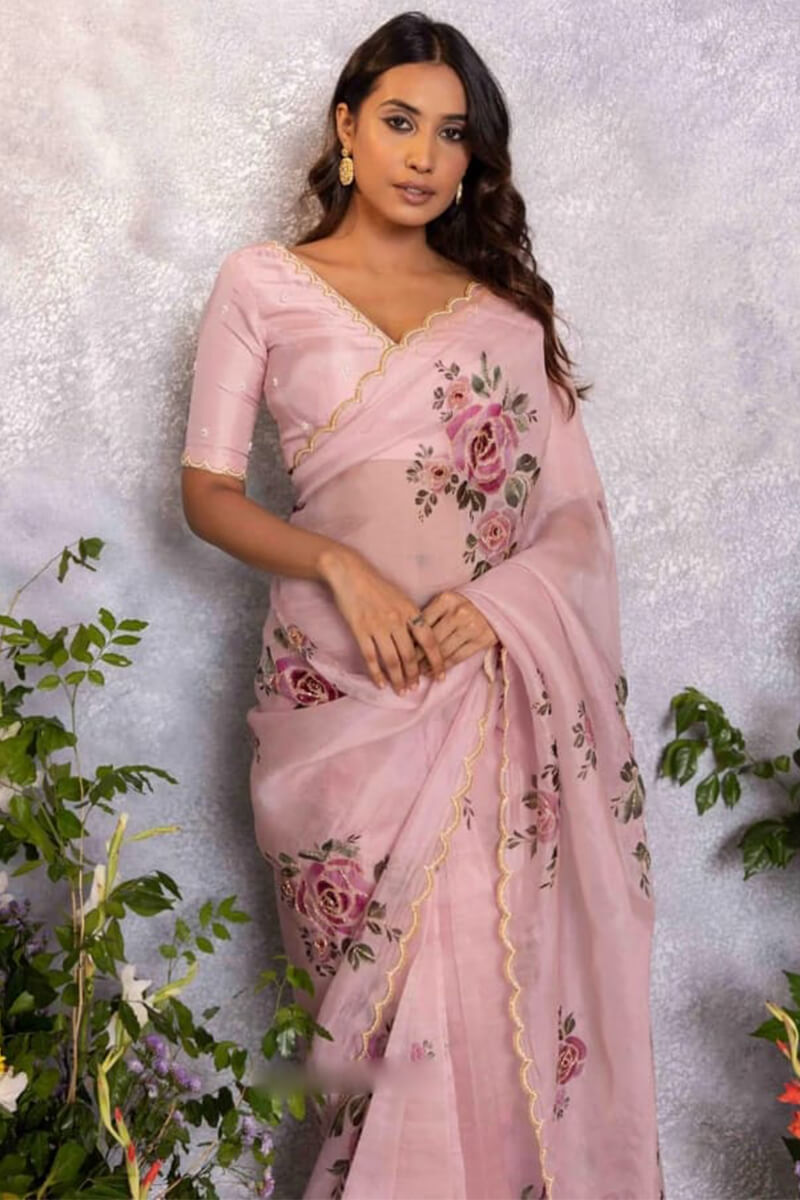 Moiety 1-Minute Ready To Wear Baby Pink Organza Silk Saree
