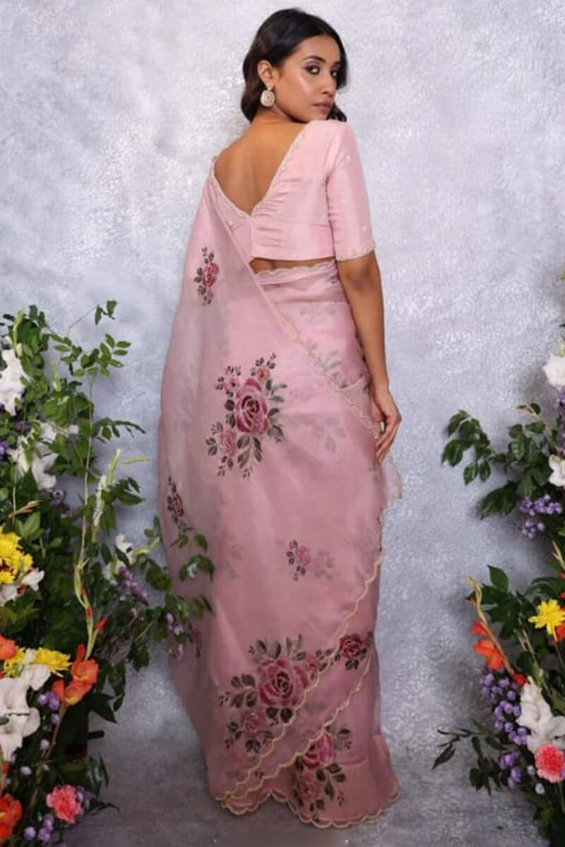 Moiety 1-Minute Ready To Wear Baby Pink Organza Silk Saree