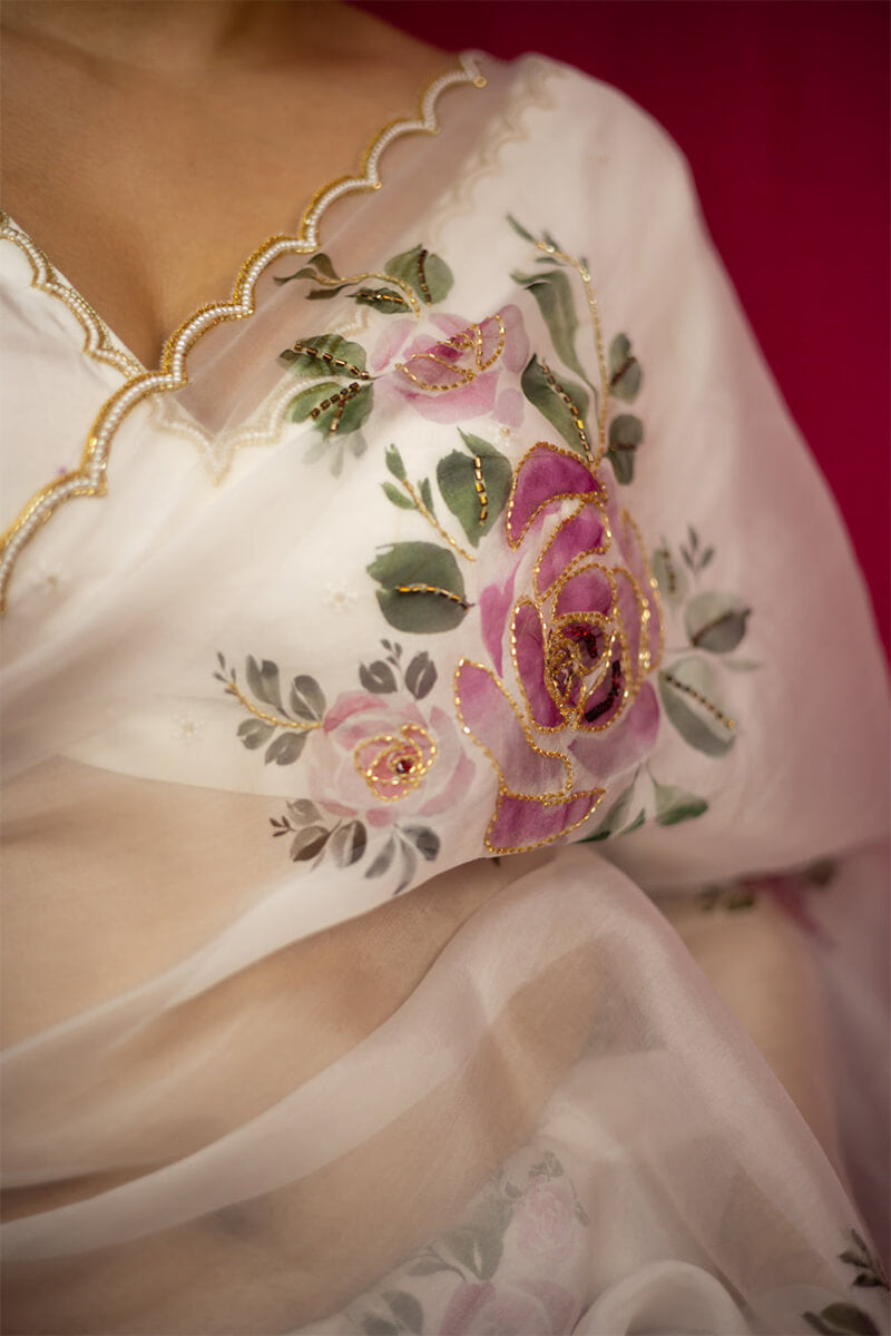 Gratifying 1-Minute Ready To Wear Beige Organza Silk Saree