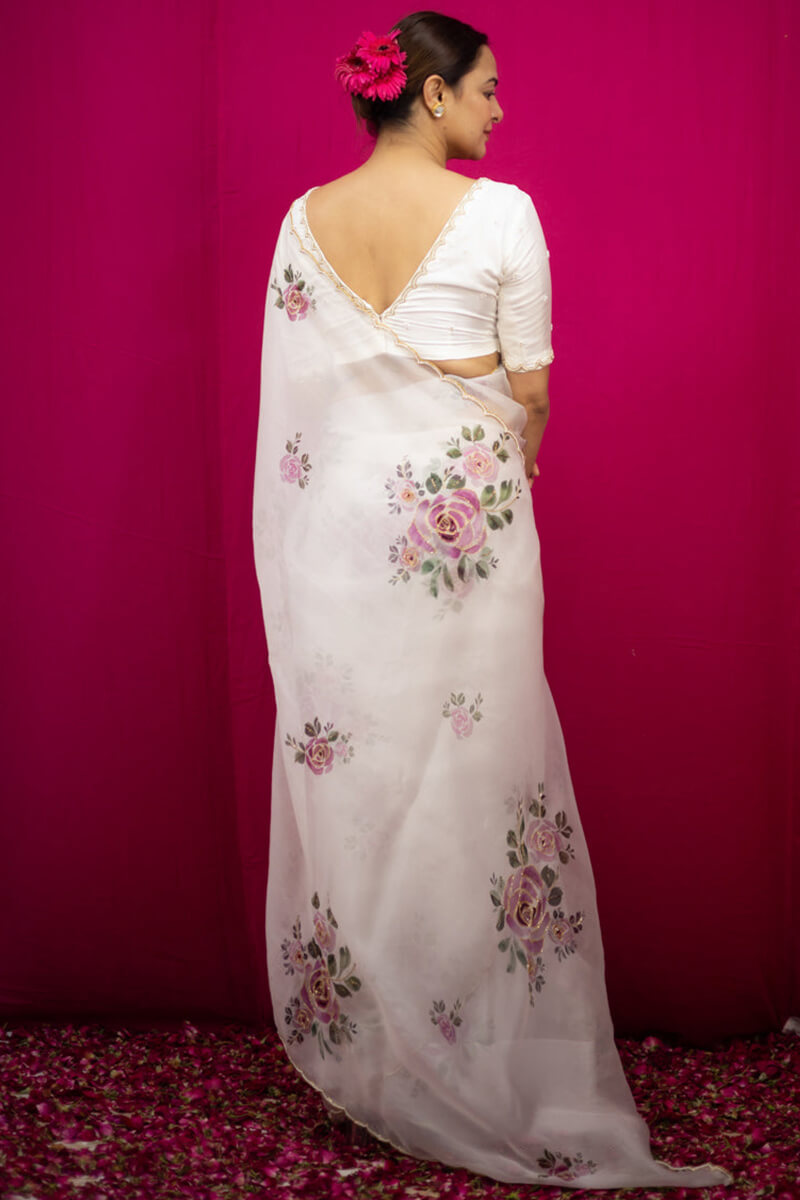 Gratifying 1-Minute Ready To Wear Beige Organza Silk Saree