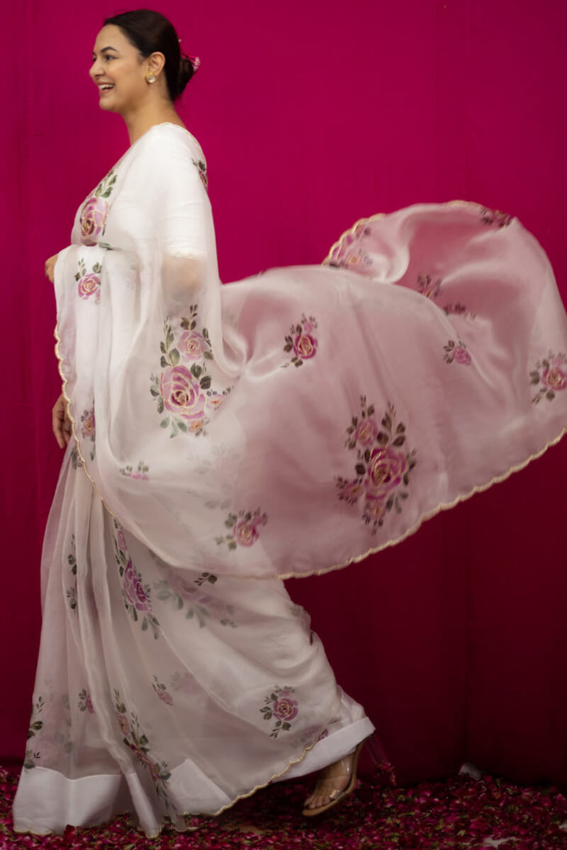 Gratifying 1-Minute Ready To Wear Beige Organza Silk Saree