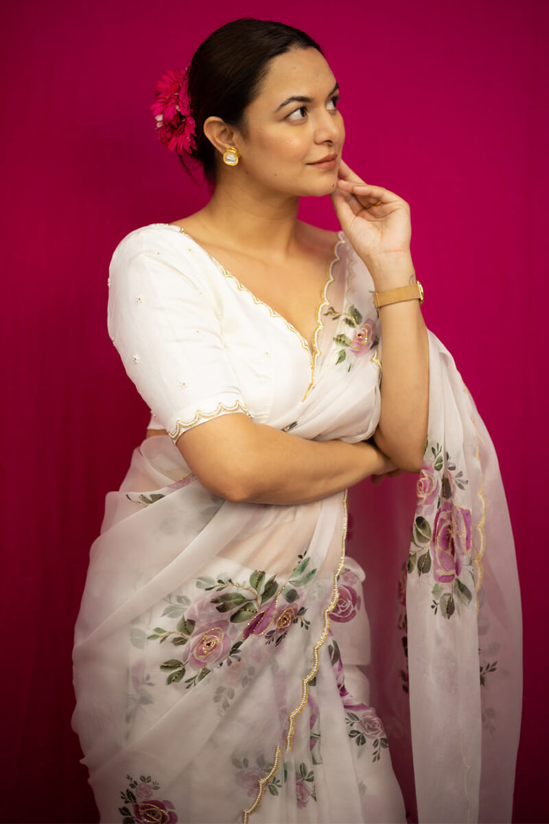 Gratifying 1-Minute Ready To Wear Beige Organza Silk Saree