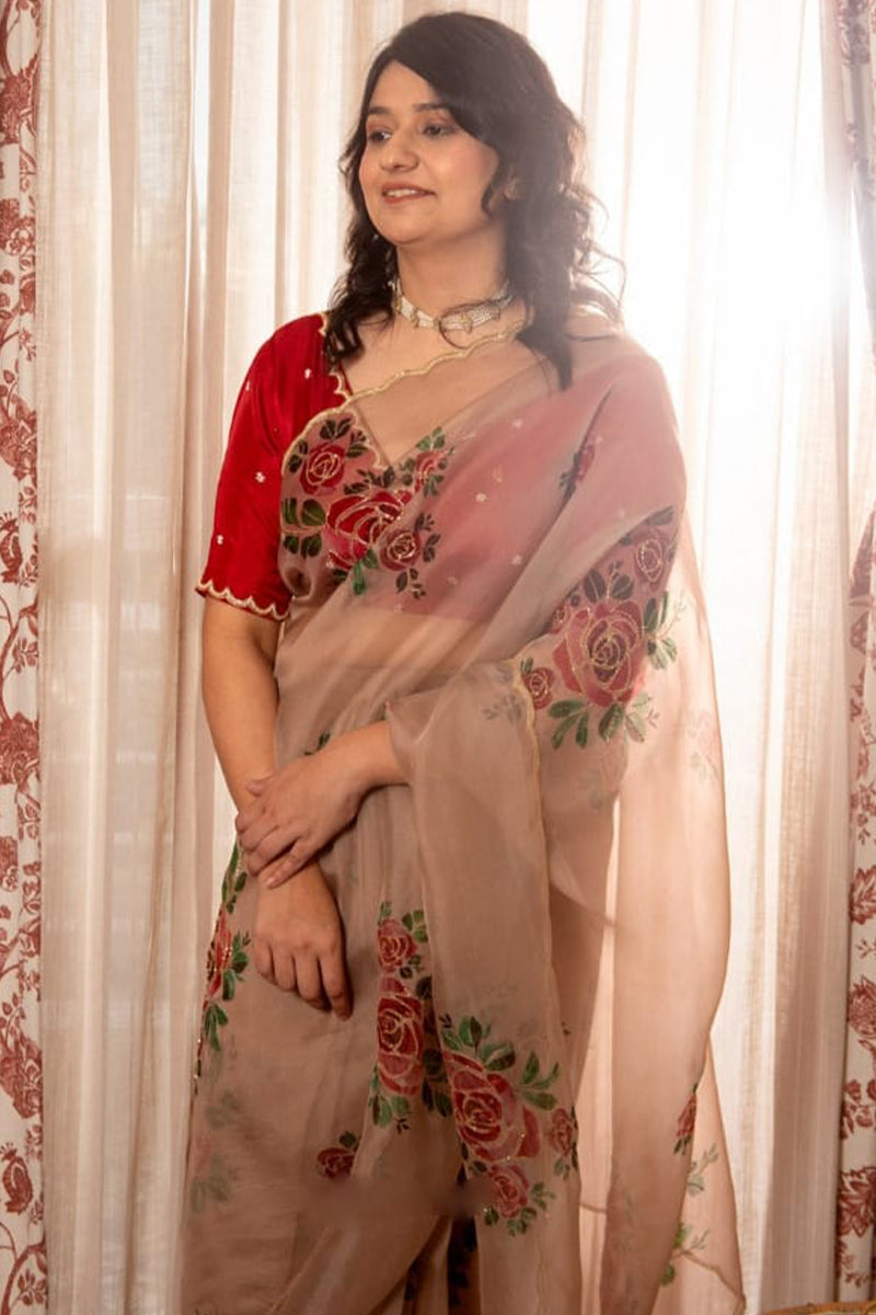 Embellished 1-Minute Ready To Wear Brown Organza Silk Saree