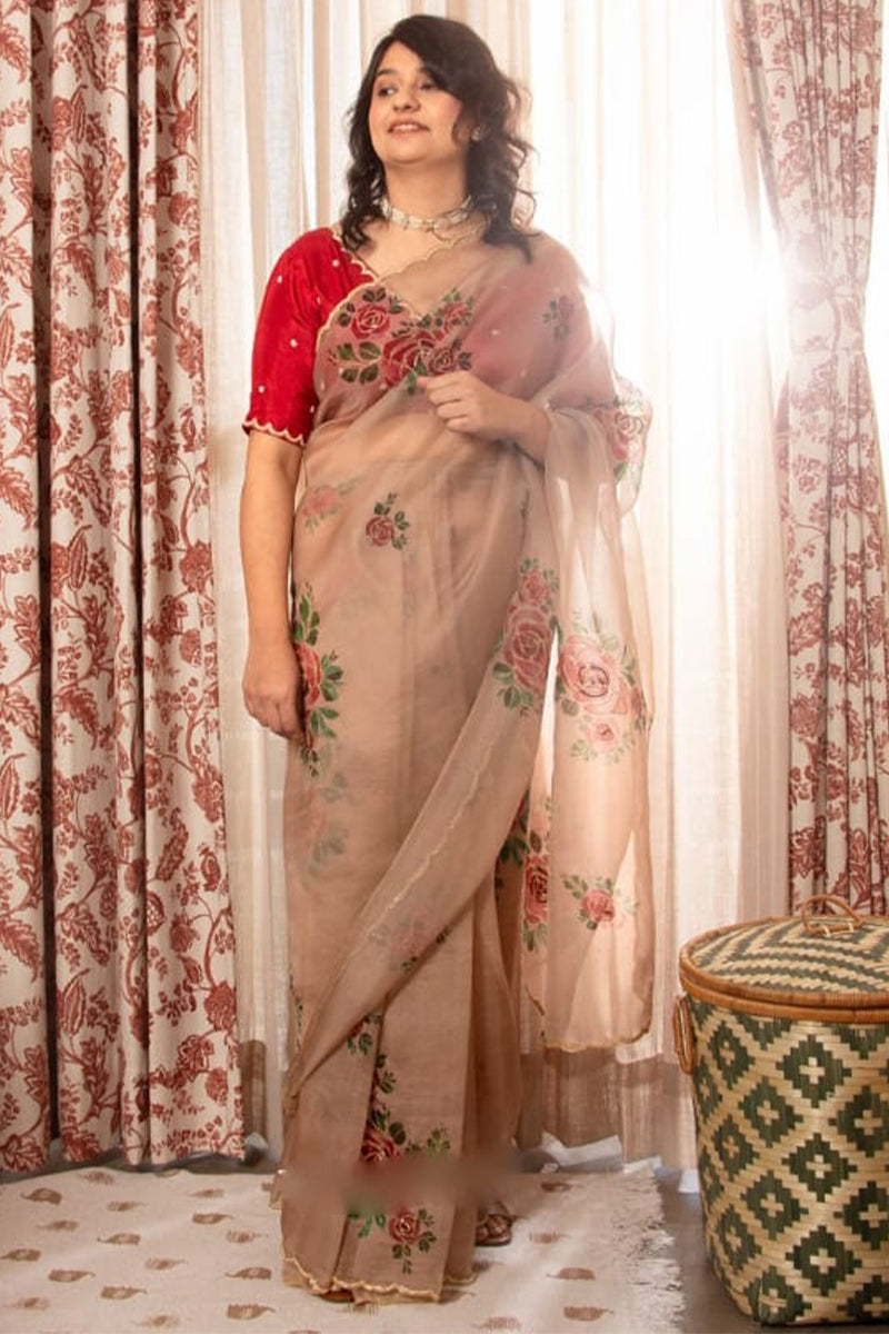 Embellished 1-Minute Ready To Wear Brown Organza Silk Saree