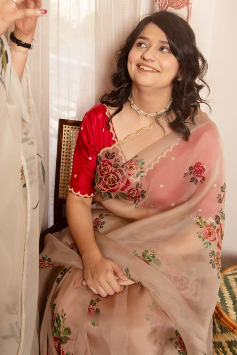 Embellished 1-Minute Ready To Wear Brown Organza Silk Saree
