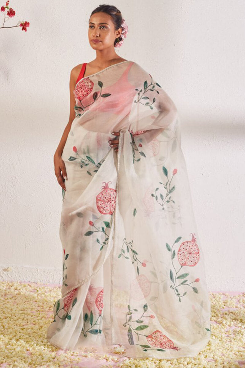 Enthralling 1-Minute Ready To Wear Off White Organza Silk Saree