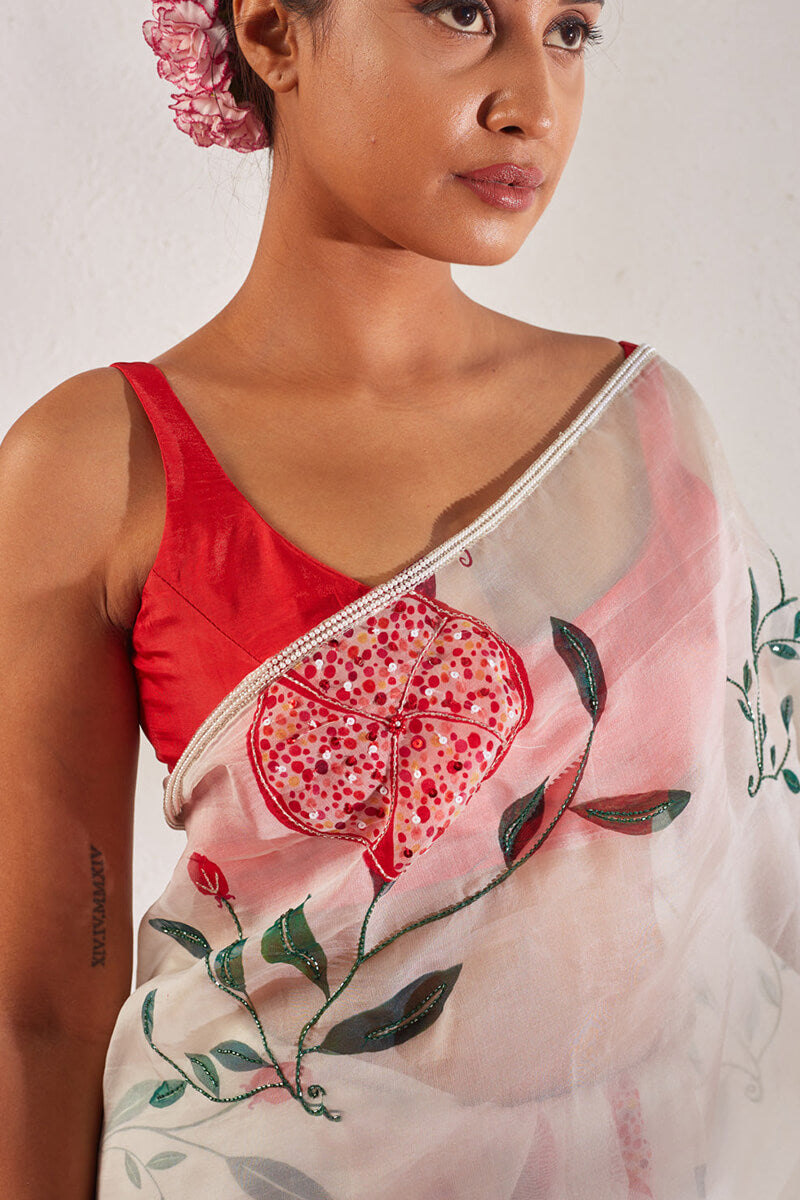 Enthralling 1-Minute Ready To Wear Off White Organza Silk Saree